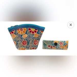 Genuine Leather Hand Painted Coin Purse and Lipstick Case in Blue Floral, NWT!